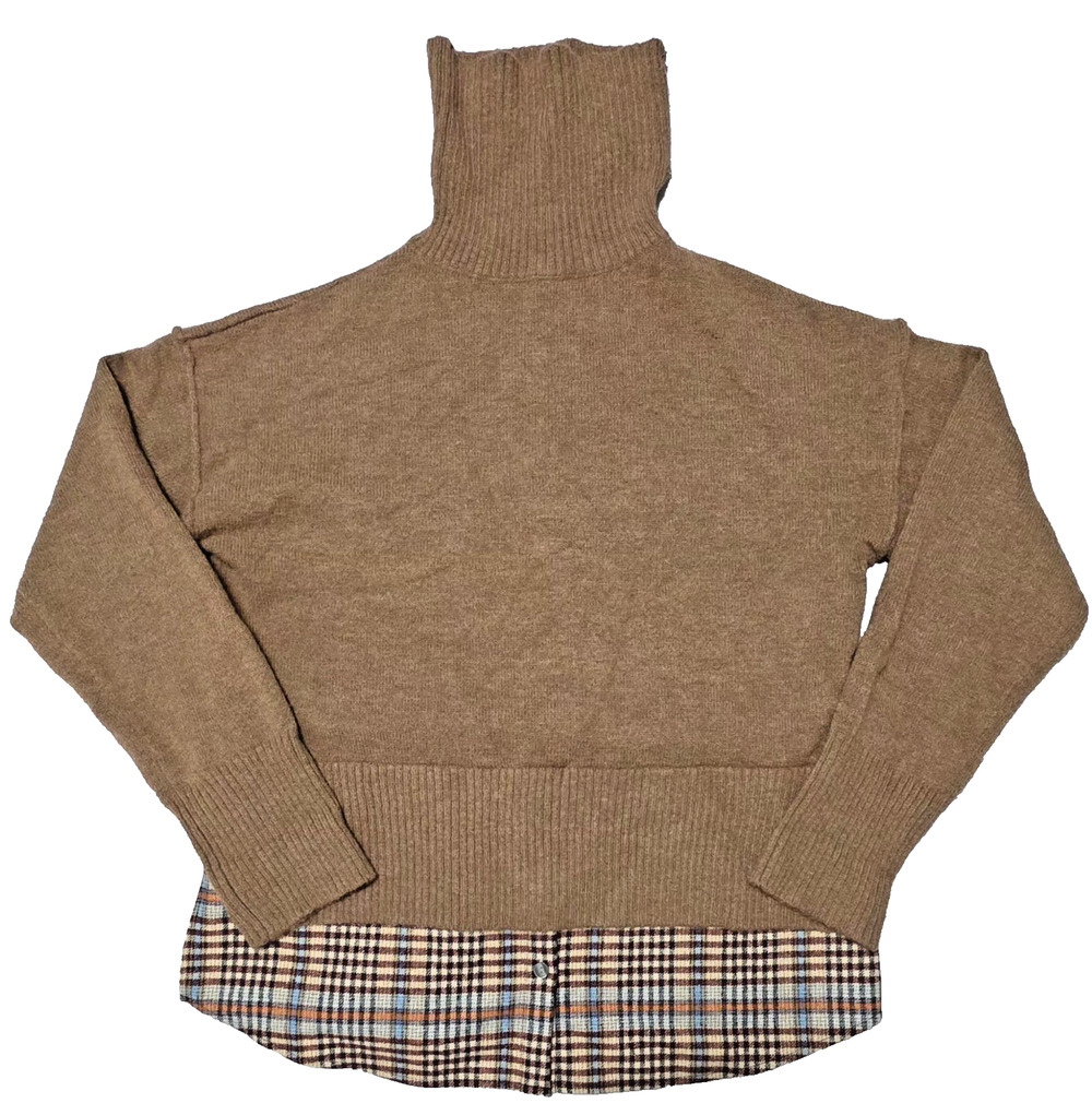 VOY Brown Turtleneck Layered Plaid Hem Sweater Size M